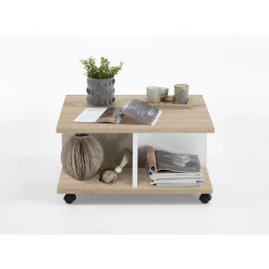 3S. x Home Table Basse A Roulettes Marron Bois Blanc Brillant GROOVE Outlet