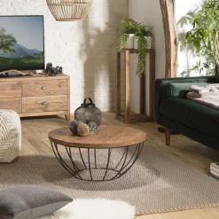 Macabane Table Basse ALIDA Coque Noire Bois Teck Recyclé Et Métal 80 X 80 Cm Beige Sale