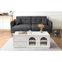 3S. x Home Table basse avec portes et tiroirs style naturel chic Volos Blanc texturé