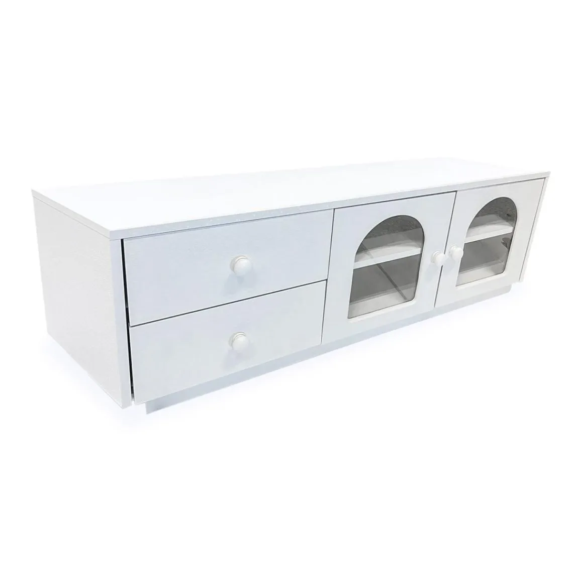 3S. x Home Table basse avec portes et tiroirs style naturel chic Volos Blanc texturé