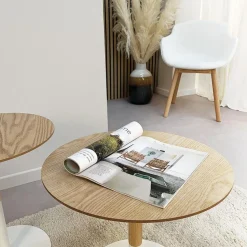 ALTEREGO Table basse design ronde 'DILA' en bois finition naturelle et métal blanc Sale