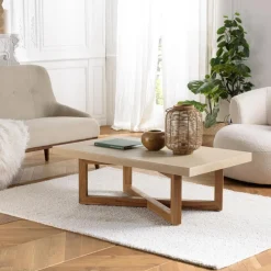 Macabane Table basse en béton beige pieds croisés en teck Discount