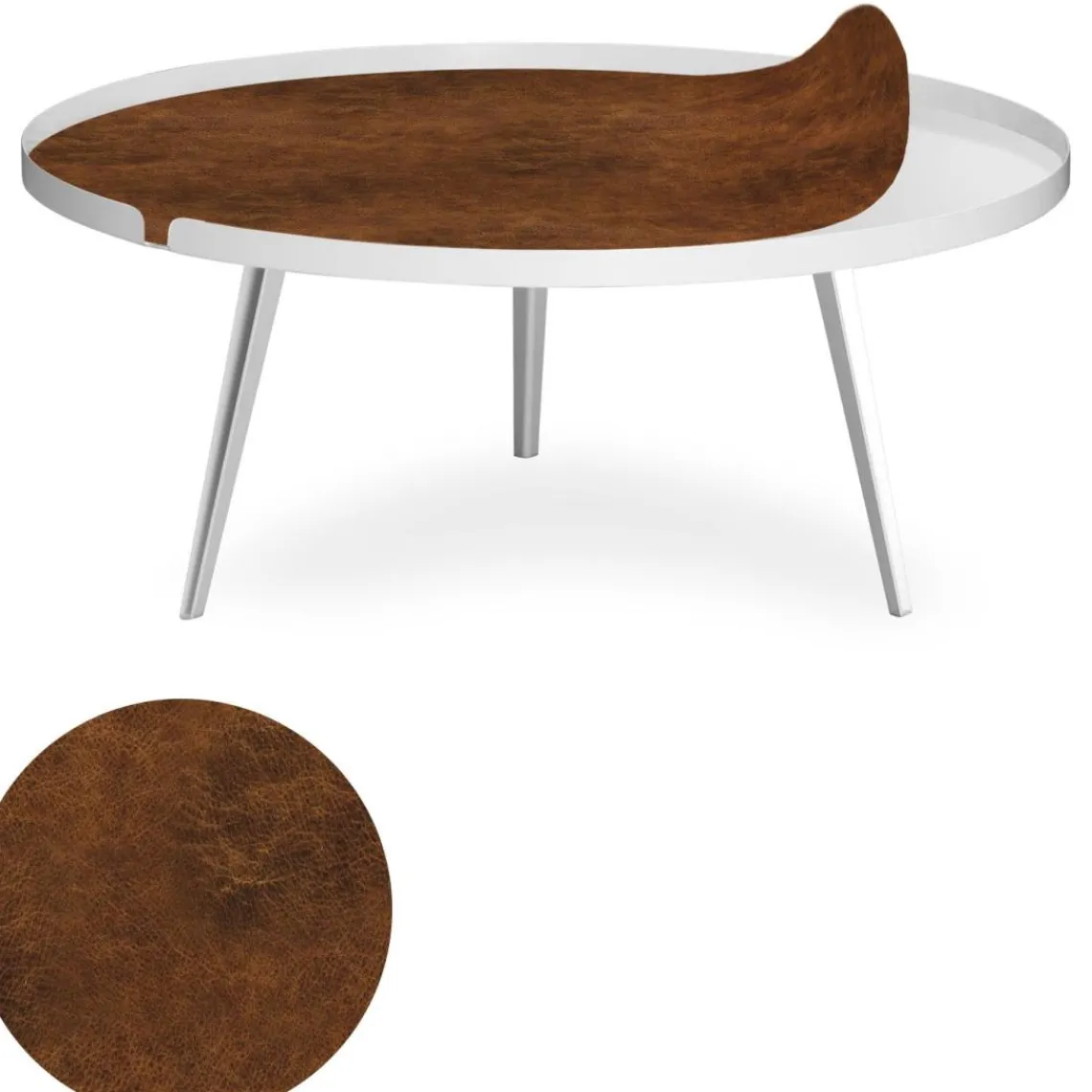 3S. x Home Table basse magnétique ronde à rebord Bipolart Métal Blanc avec 1 Top Effet simili de vachette Outlet