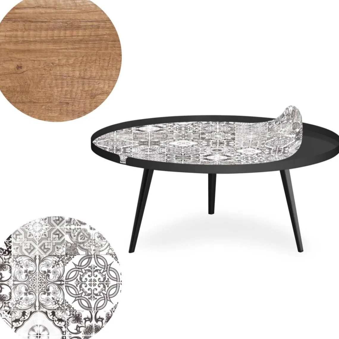 3S. x Home Table basse magnétique ronde à rebord Bipolart Métal Noir avec 2 Tops style Natural Best