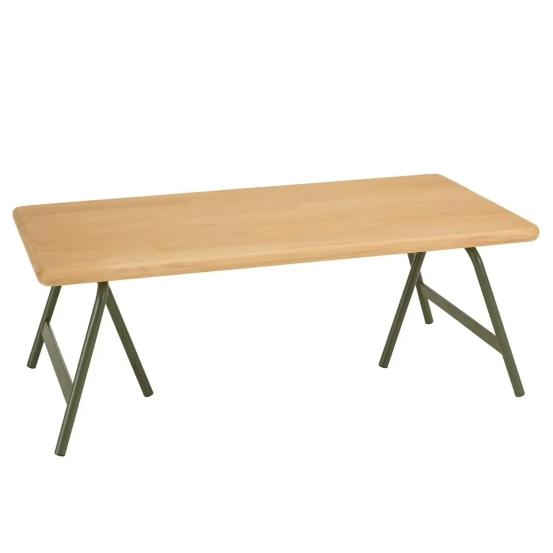 Macabane Table basse plateau en pin et pieds tréteaux en métal vert HELENA Clearance