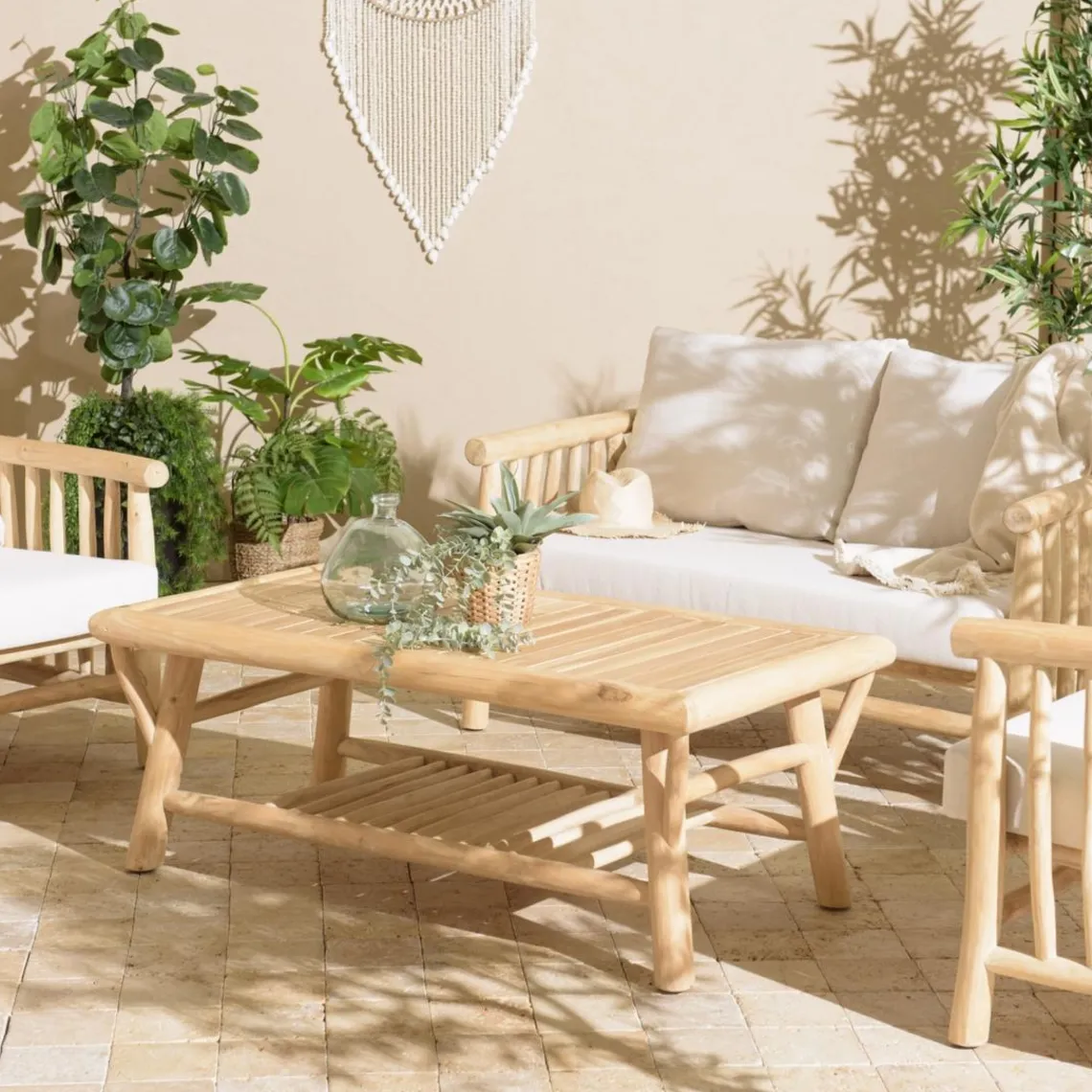 Macabane Table basse rectangulaire double plateaux en branches de Teck BORNEO Beige Clearance