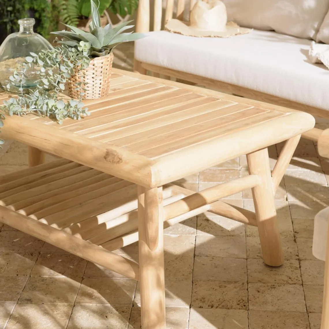 Macabane Table basse rectangulaire double plateaux en branches de Teck BORNEO Beige Clearance