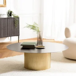 Macabane Table basse ronde avec plateau en Fer noir et pied strié Doré JAMES Online