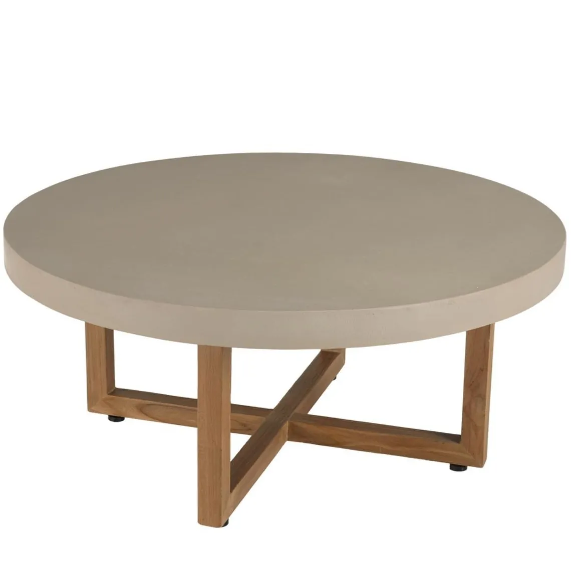 Macabane Table basse ronde en béton beige pieds croisés en teck DAK