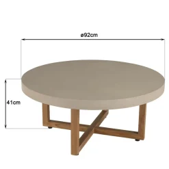 Macabane Table basse ronde en béton beige pieds croisés en teck DAK