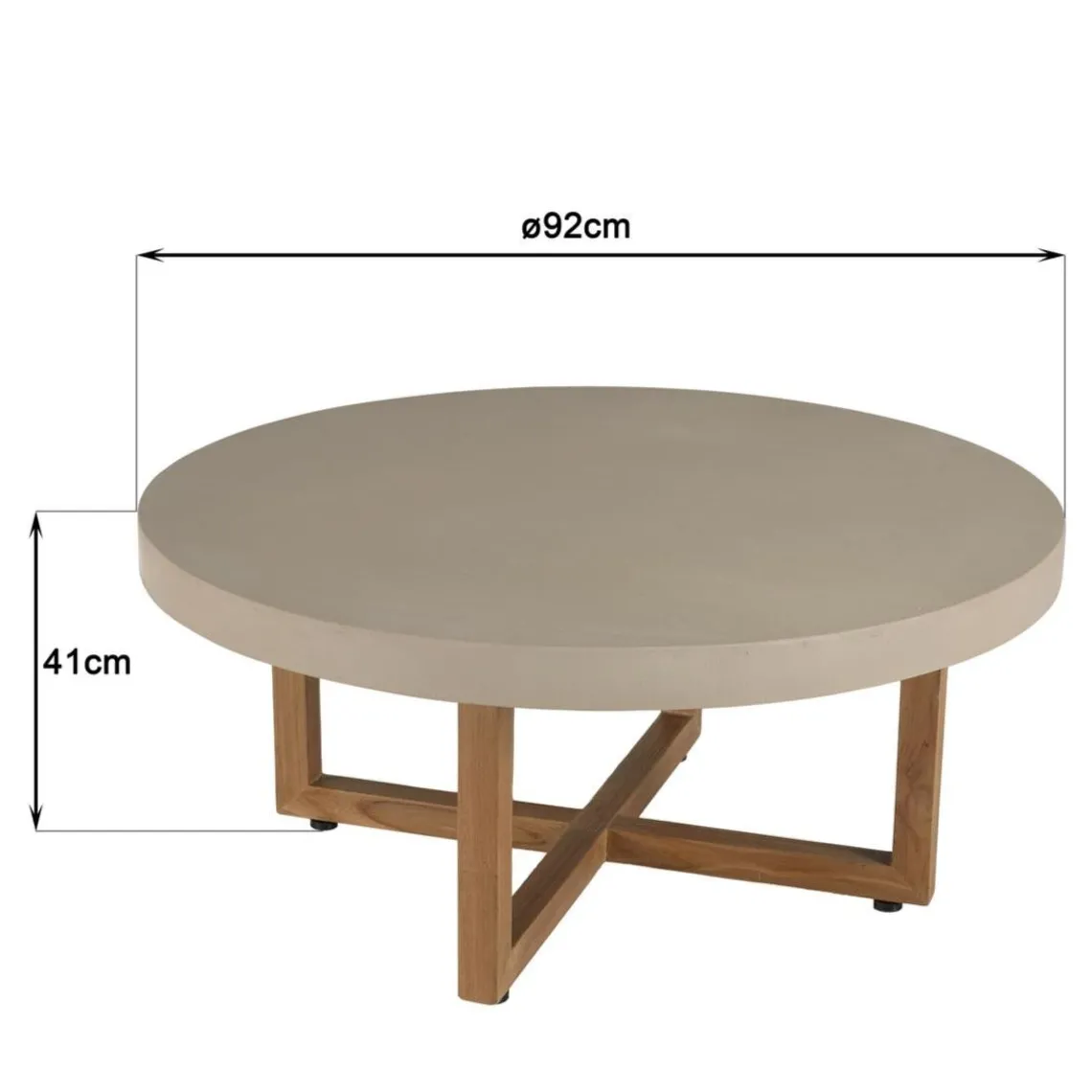 Macabane Table basse ronde en béton beige pieds croisés en teck DAK