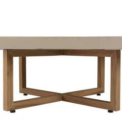 Macabane Table basse ronde en béton beige pieds croisés en teck DAK