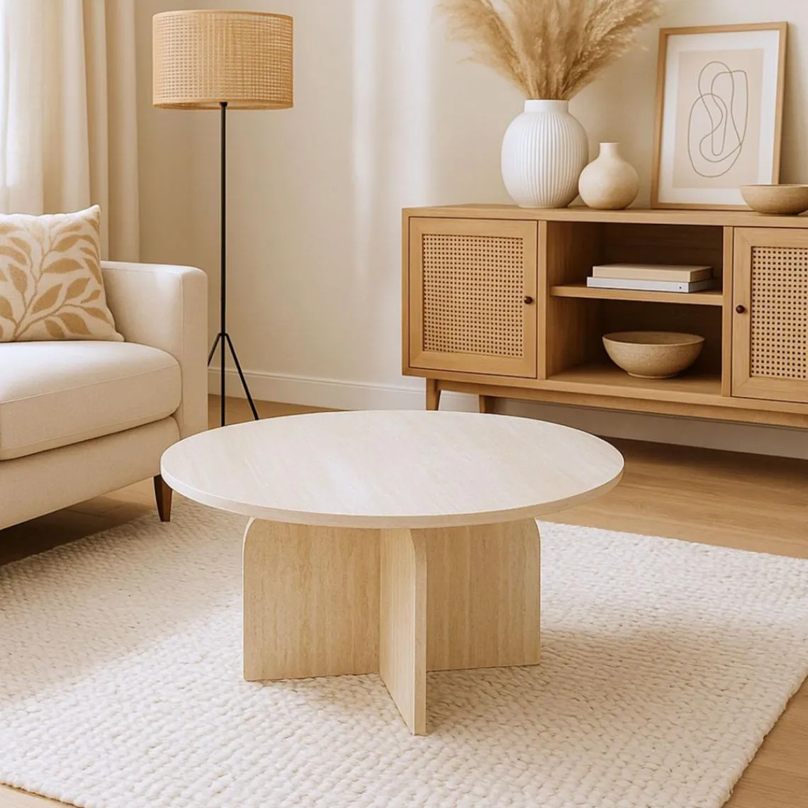 3S. x Home Table basse ronde élégante Calyptus Effet travertin Beige Sale