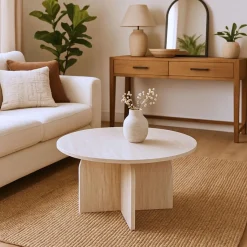 3S. x Home Table basse ronde élégante Calyptus Effet travertin Beige Sale