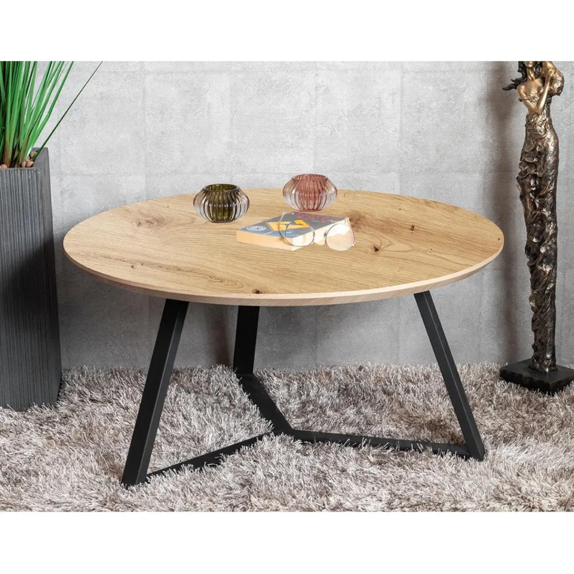3S. x Home Table basse ronde plateau décor chène Discount