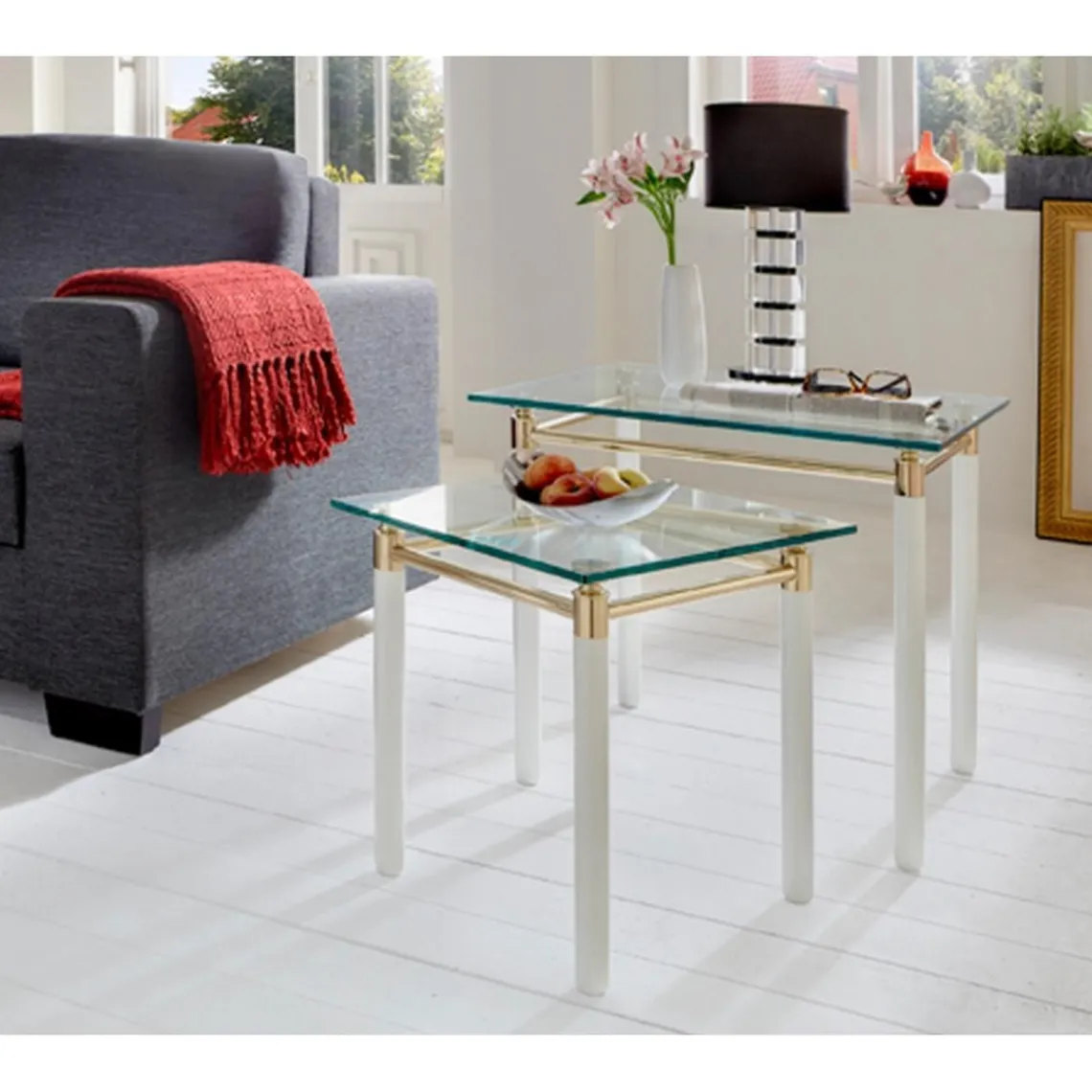 3S. x Home Table d'appoint carré blanche plateau verre trempé 10 mm Best