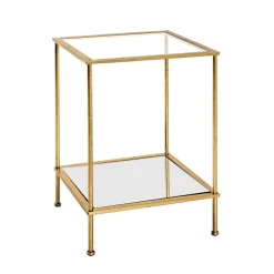 3S. x Home Table d'appoint carré en tube d'acier laqué or avec plateau de dessous en miroir et plateau de dessus en verre trempé transparent New