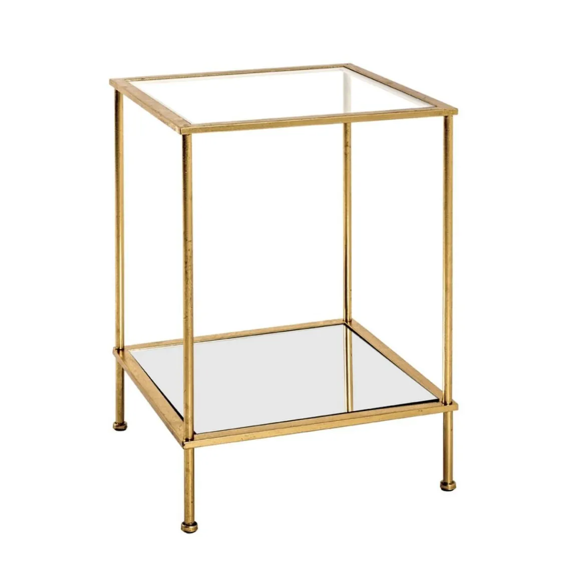 3S. x Home Table d'appoint carré en tube d'acier laqué or avec plateau de dessous en miroir et plateau de dessus en verre trempé transparent New