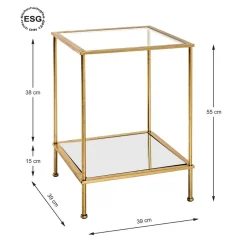 3S. x Home Table d'appoint carré en tube d'acier laqué or avec plateau de dessous en miroir et plateau de dessus en verre trempé transparent New