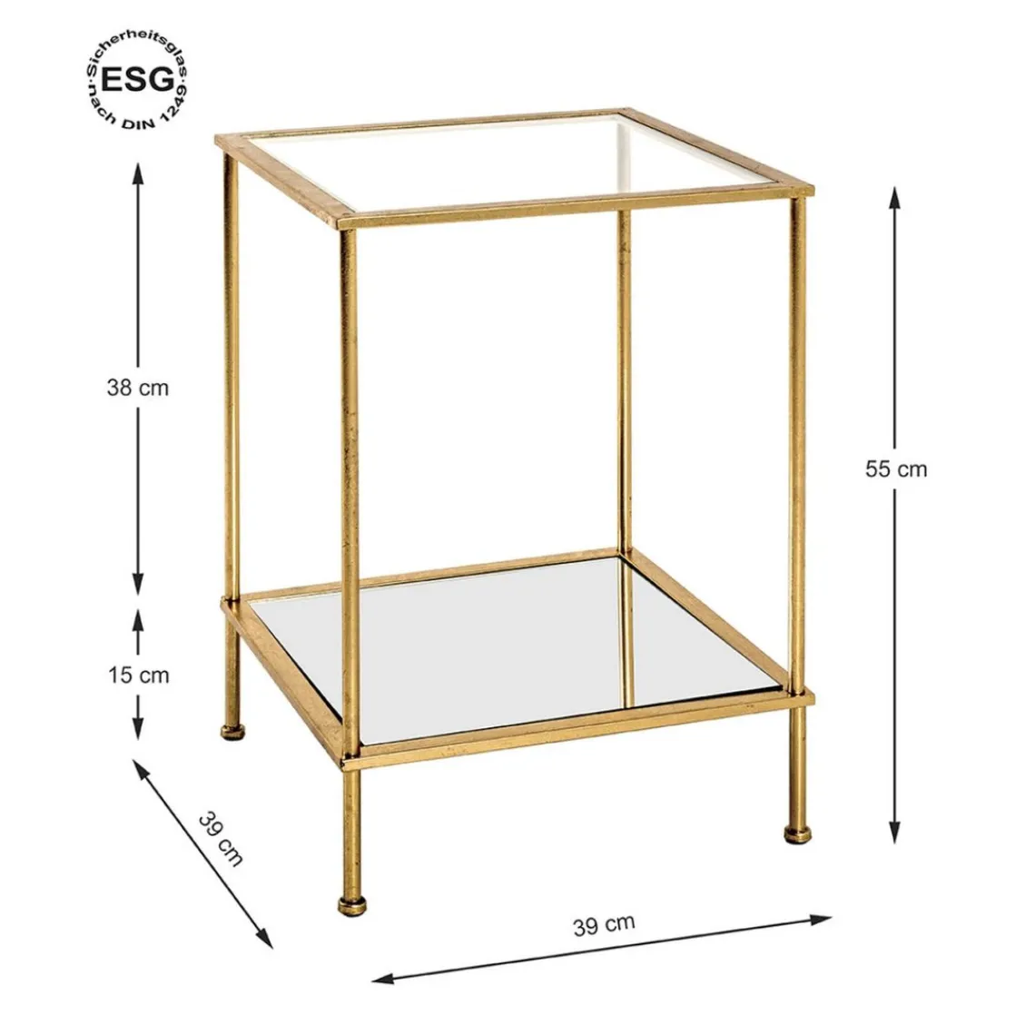 3S. x Home Table d'appoint carré en tube d'acier laqué or avec plateau de dessous en miroir et plateau de dessus en verre trempé transparent New