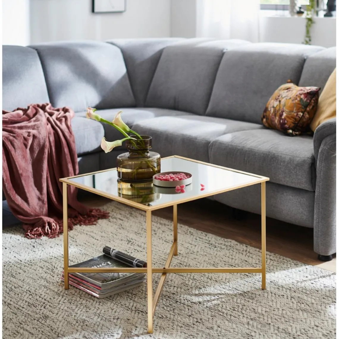 3S. x Home Table d'appoint carrée plateau miroir New