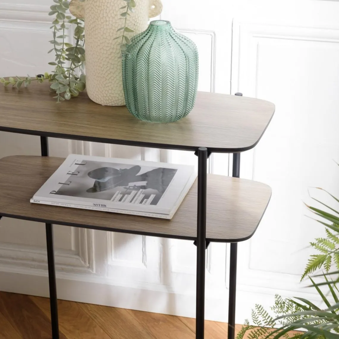 Macabane Table d'appoint double plateau couleur mocha pieds métal noir JULIA Outlet