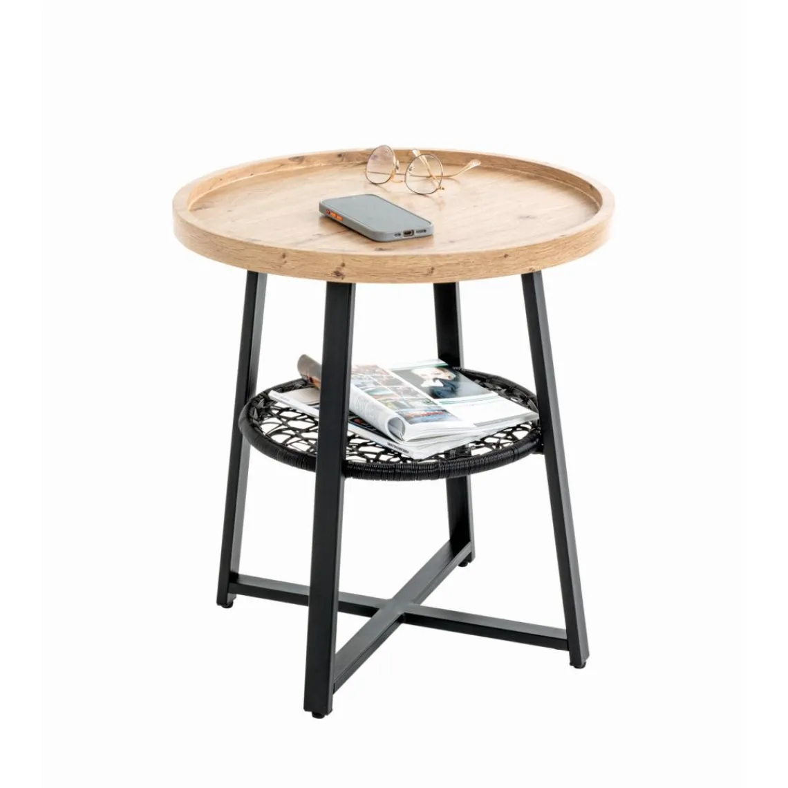 3S. x Home Table d’appoint en noir, plateau en MDF décor chêne Best