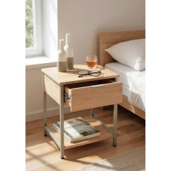 3S. x Home Table d'appoint en tube d'acier laqué gris cachemire, étagères en panneau de particules décor chêne naturel Discount