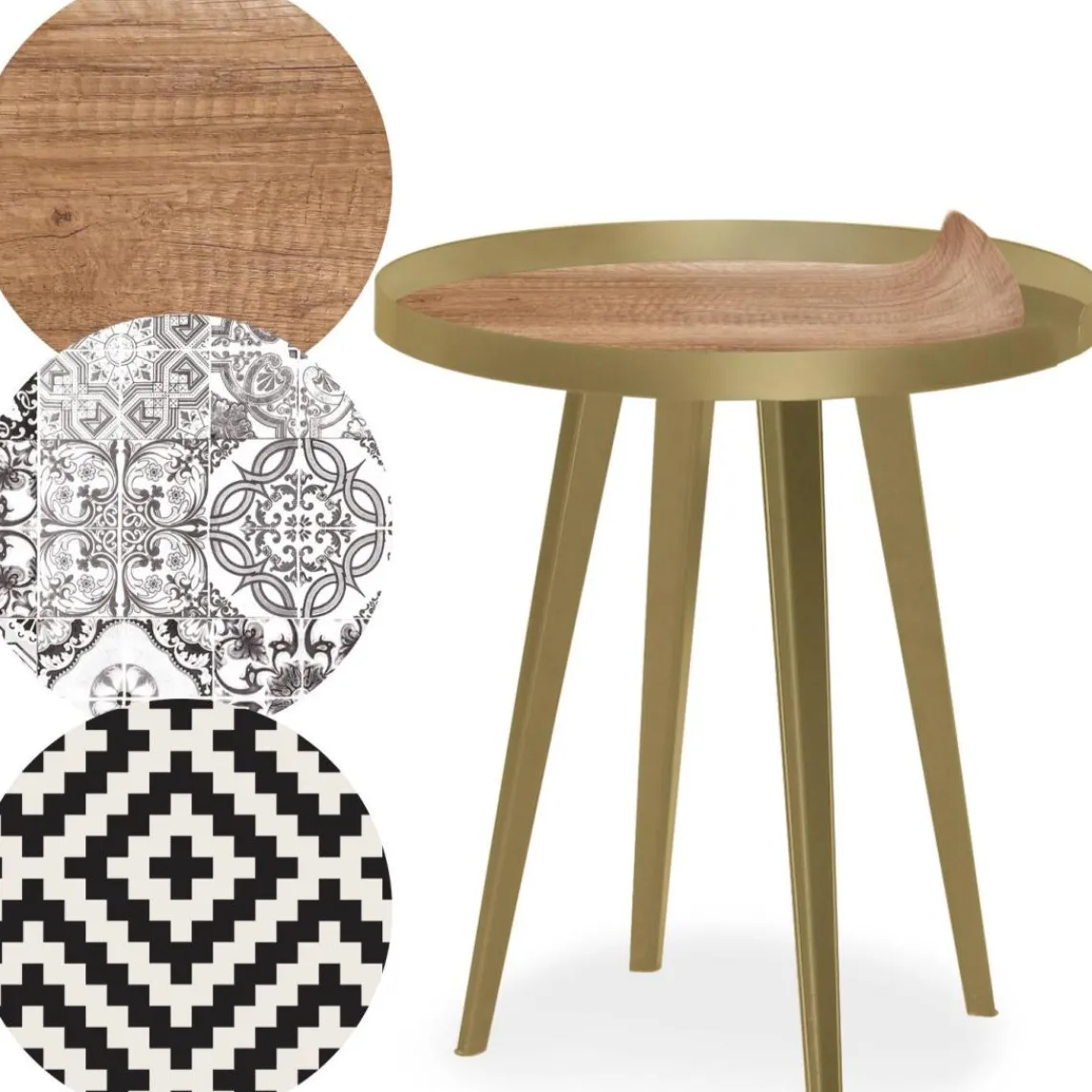 3S. x Home Table d'appoint magnétique ronde à rebord Bipolart Métal Or avec 3 Tops style Natural New