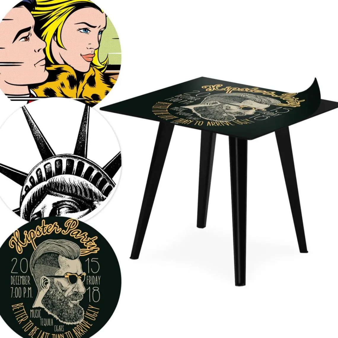 3S. x Home Table d'appoint magnétique carrée Bipolart Métal Noir avec 3 Tops style Fun Best