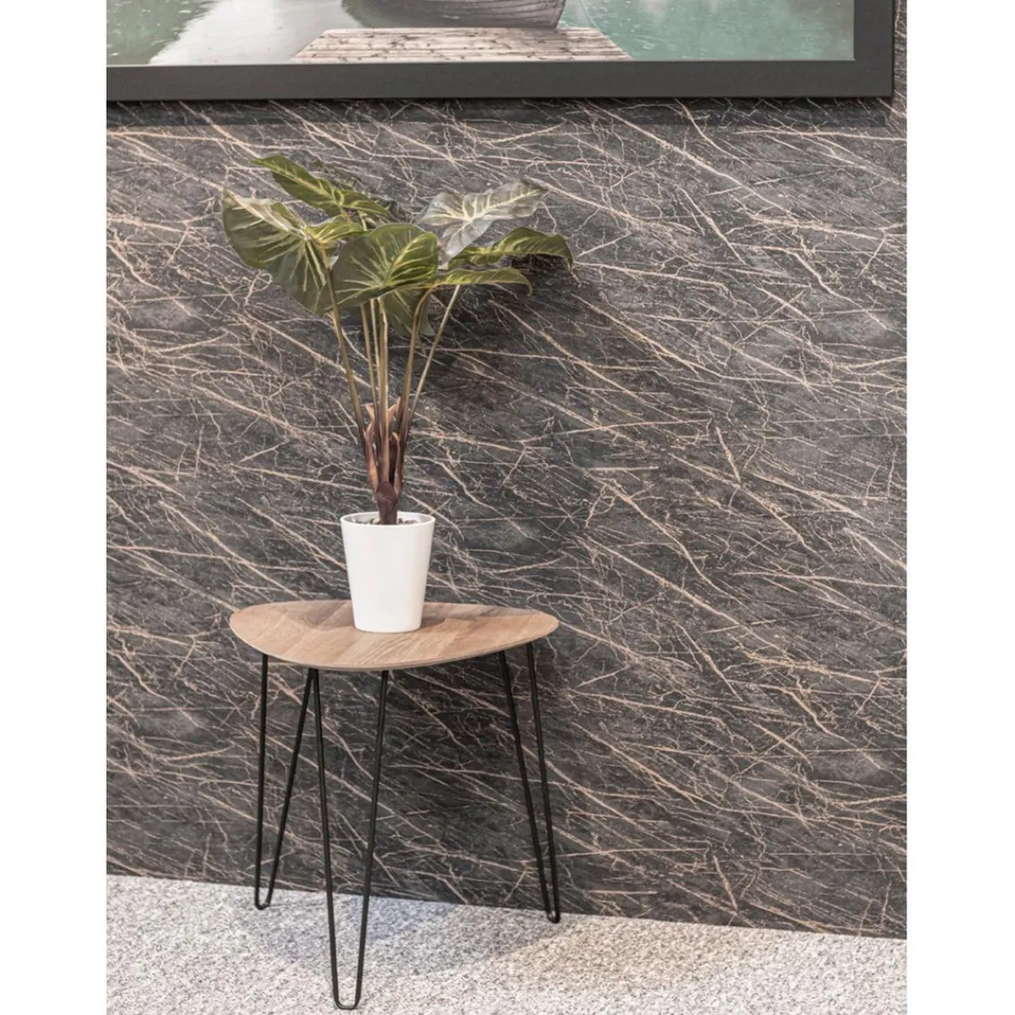 3S. x Home table d'appoint métal laqué noir décor chêne Discount