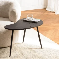 Macabane Table d’appoint ovoïde plateau texturé Noir mat et pieds Fer noir JAMES Outlet