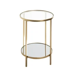 3S. x Home Table d'appoint ronde acier laqué d’or et plateaux miroir et verre trempé Discount