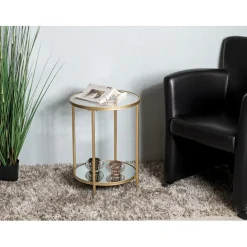 3S. x Home Table d'appoint ronde acier laqué d’or et plateaux miroir et verre trempé Discount