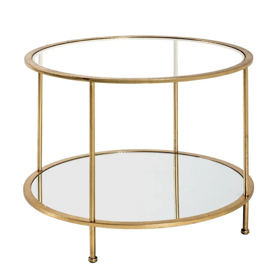 3S. x Home Table d'appoint ronde en tube d'acier laqué or avec plateau de dessous en miroir et plateau de dessus en verre trempé transparent Discount