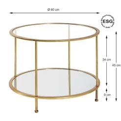 3S. x Home Table d'appoint ronde en tube d'acier laqué or avec plateau de dessous en miroir et plateau de dessus en verre trempé transparent Discount