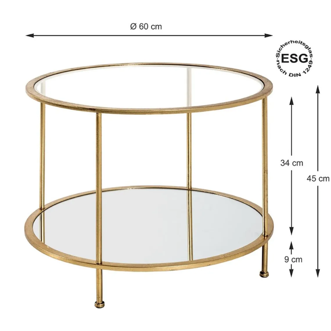3S. x Home Table d'appoint ronde en tube d'acier laqué or avec plateau de dessous en miroir et plateau de dessus en verre trempé transparent Discount