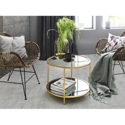 3S. x Home Table d'appoint ronde en tube d'acier laqué or avec plateau de dessous en miroir et plateau de dessus en verre trempé transparent Discount