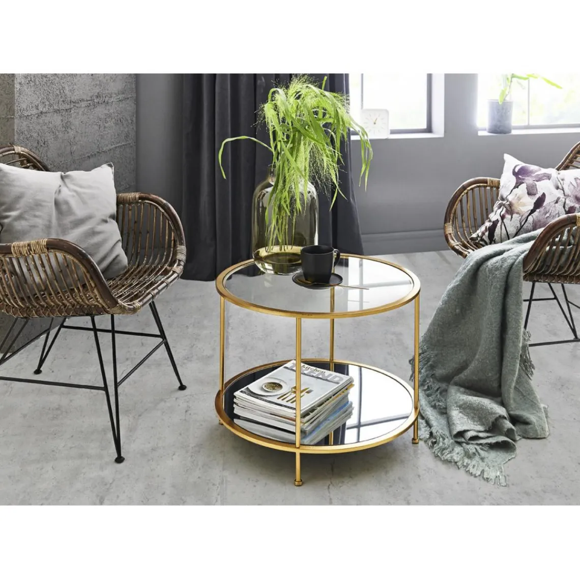 3S. x Home Table d'appoint ronde en tube d'acier laqué or avec plateau de dessous en miroir et plateau de dessus en verre trempé transparent Discount