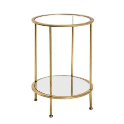 3S. x Home Table d'appoint ronde Tube d'acier laqué or avec plateau du dessous en miroir et plateau du dessus en verre trempé transparent Online