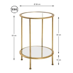 3S. x Home Table d'appoint ronde Tube d'acier laqué or avec plateau du dessous en miroir et plateau du dessus en verre trempé transparent Online