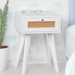 3S. x Home Table de chevet 1 tiroir avec cannage Dalgora Blanc Clearance