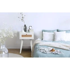 3S. x Home Table de chevet 1 tiroir avec cannage Dalgora Blanc Clearance