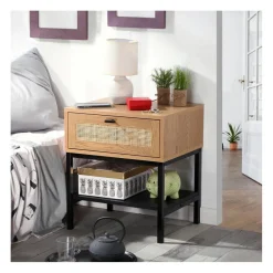Calicosy Table de Chevet 1 Tiroir Rotin avec Étagère en bois Beige