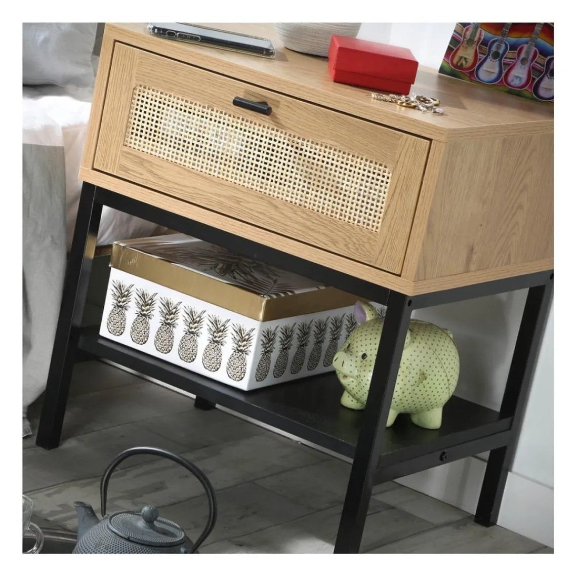 Calicosy Table de Chevet 1 Tiroir Rotin avec Étagère en bois Beige