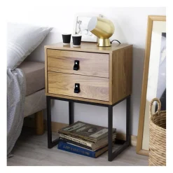 Calicosy Table de Chevet 2 tiroirs pieds métal effet chêne en bois Beige