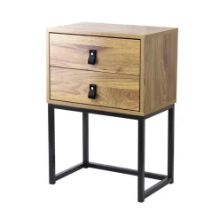 Calicosy Table de Chevet 2 tiroirs pieds métal effet chêne en bois Beige