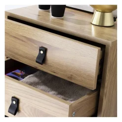 Calicosy Table de Chevet 2 tiroirs pieds métal effet chêne en bois Beige