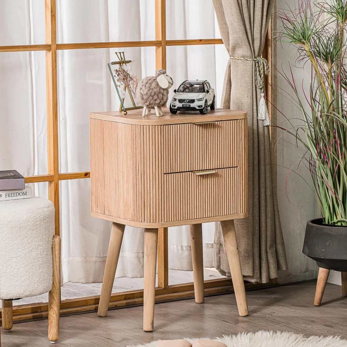 3S. x Home Table de Chevet 2 Tiroirs Naturel en Bois Best