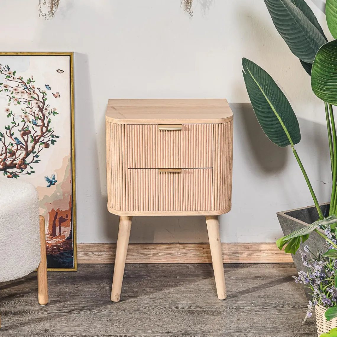 3S. x Home Table de Chevet 2 Tiroirs Naturel en Bois Best